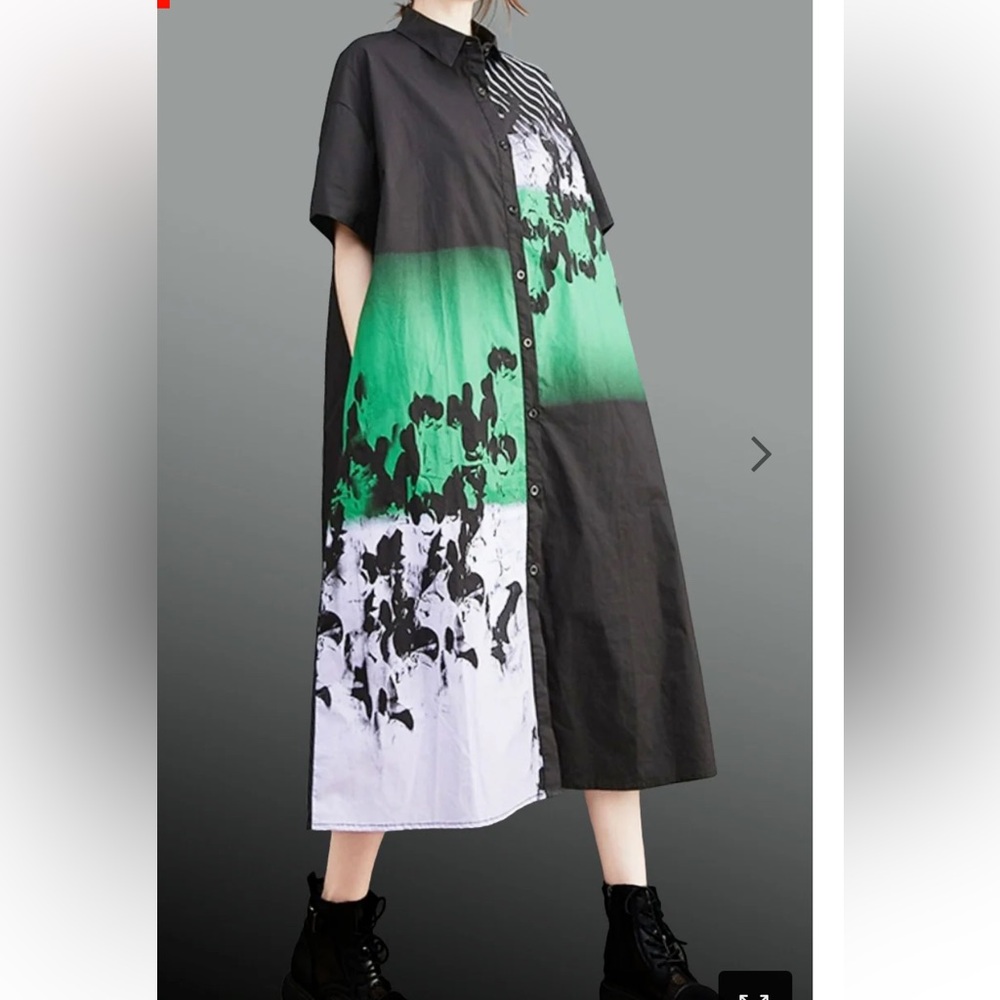 N BY NANCY BLACK, GREEN & PURPLE OVERSIZE MIDI SHIRT DRESS GREAT COND SM